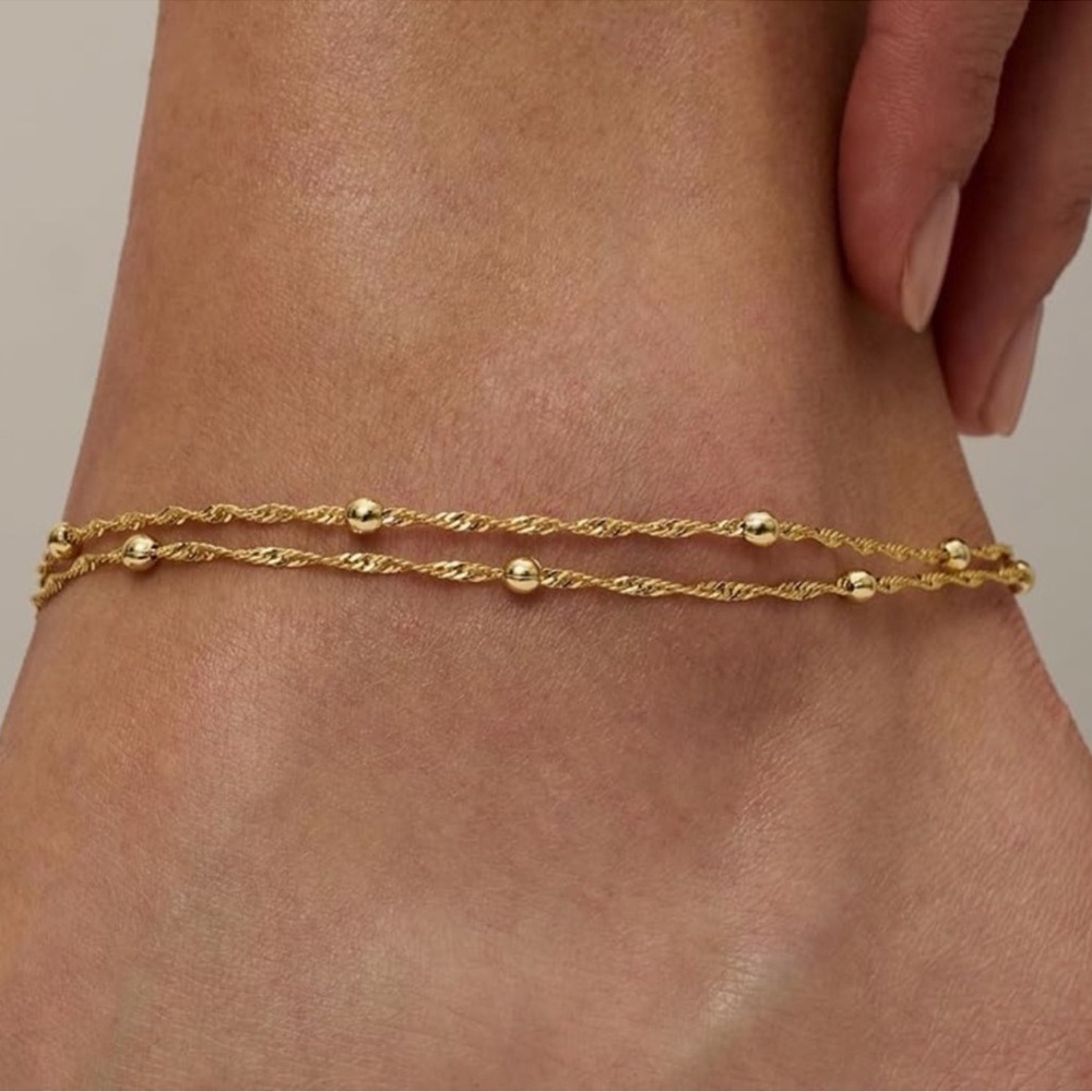 NEW 14K Gold Plated Twisted Gold Beaded Ankle Bracelet